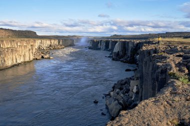 Kuzey İzlanda 'daki doğanın güzelliğine bakan bir adamla Selfoss şelalesi manzarası.