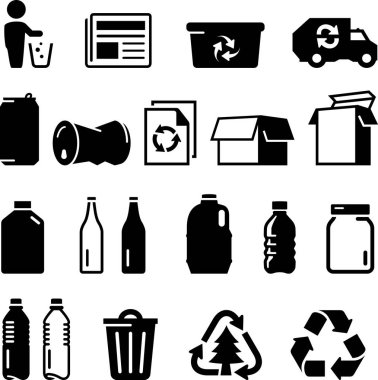 Geri dönüşüm kağıt, cam, alüminyum, karton ve plastik vektör simgeler
