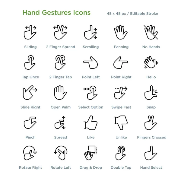 Iconos Gestos Mano Esquema — Vector de stock