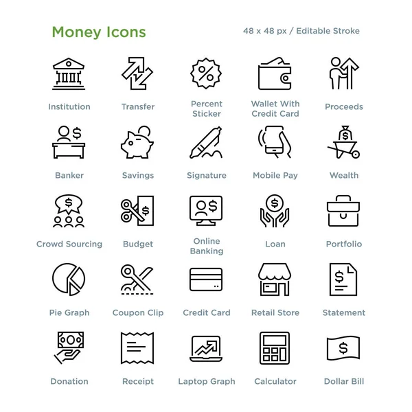 Iconos Dinero Esquema Ilustración Vectorial — Vector de stock