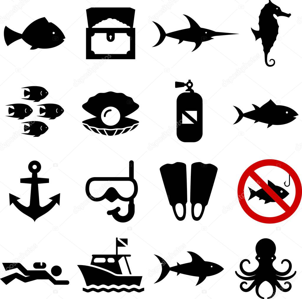 Diving, snorkeling, scuba, sport fish and boating vector icons