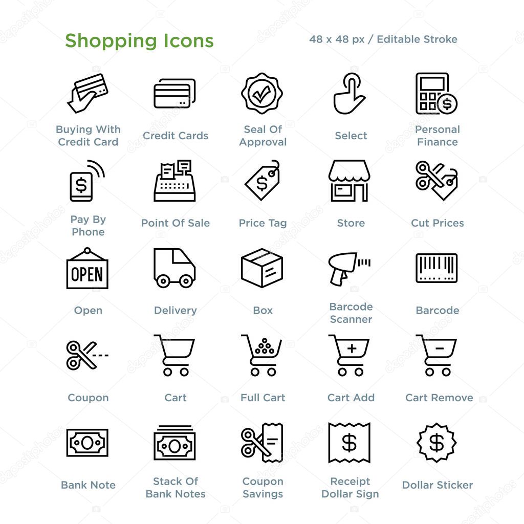Shopping Icons - Outline, vector illustration