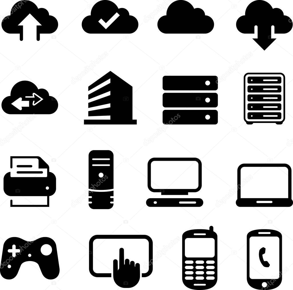 Data cloud, computers and input devices vector icons