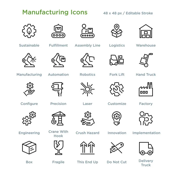 Iconos Fabricación Esquema Ilustración Vectorial — Archivo Imágenes Vectoriales