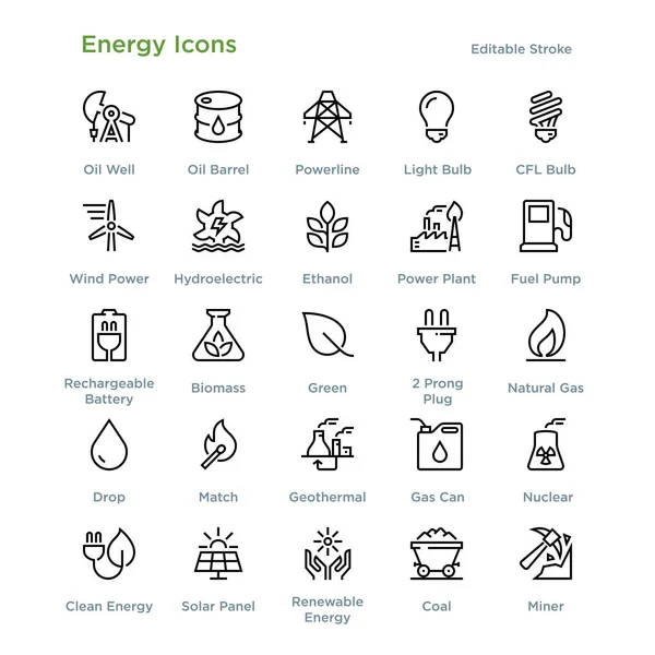 Iconos Energía Esquema Ilustración Vectorial — Vector de stock