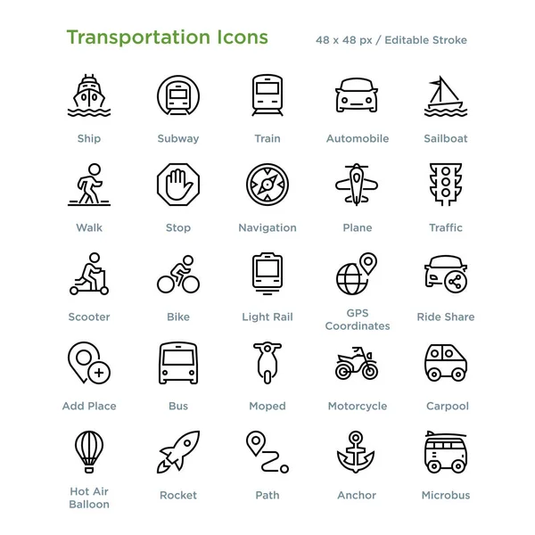 Transport Symbole Umriss Vektorillustration — Stockvektor