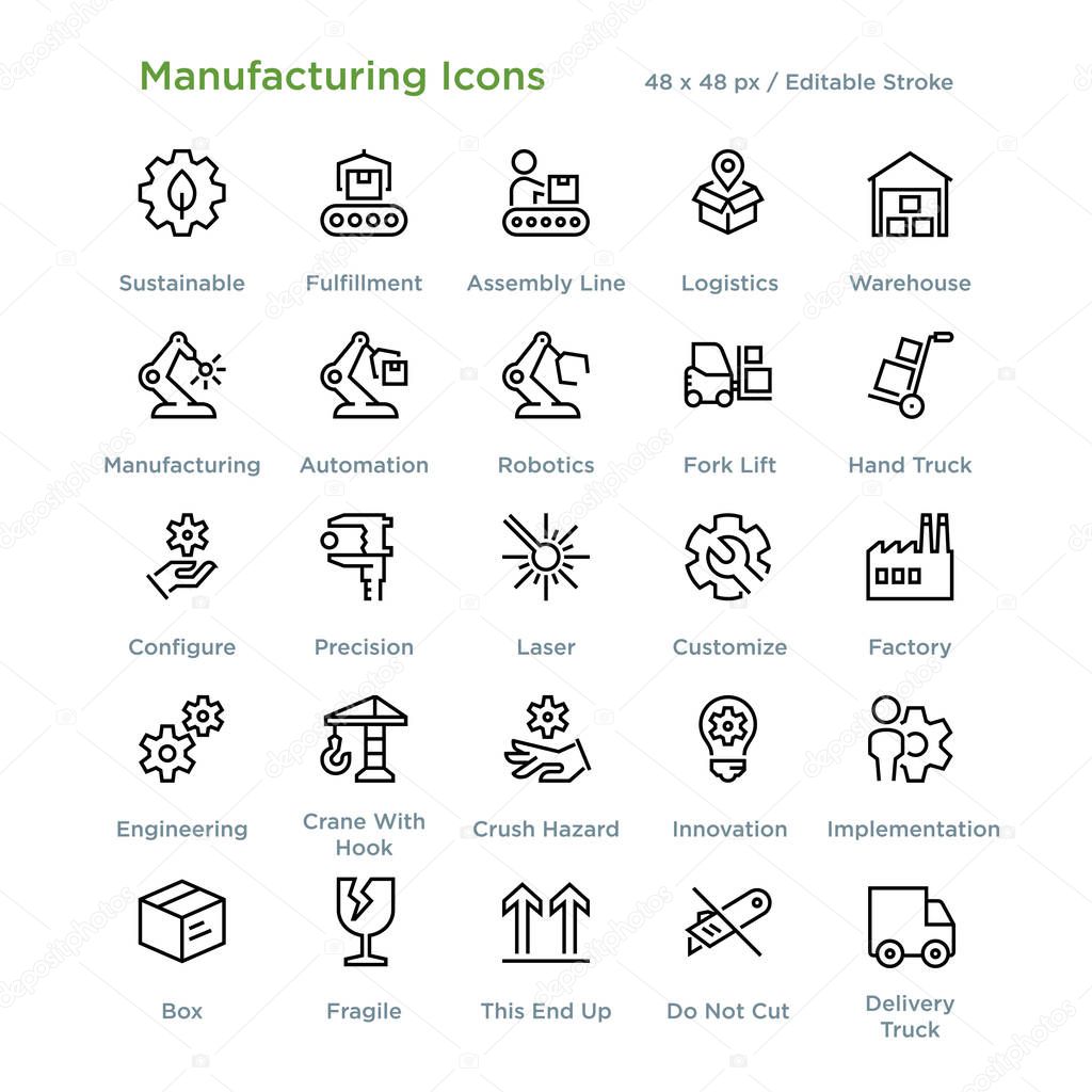 Manufacturing Icons - Outline, vector illustration
