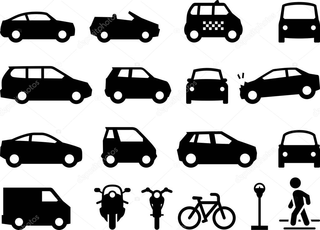 Cars, automobiles and motorcycles vector icon set