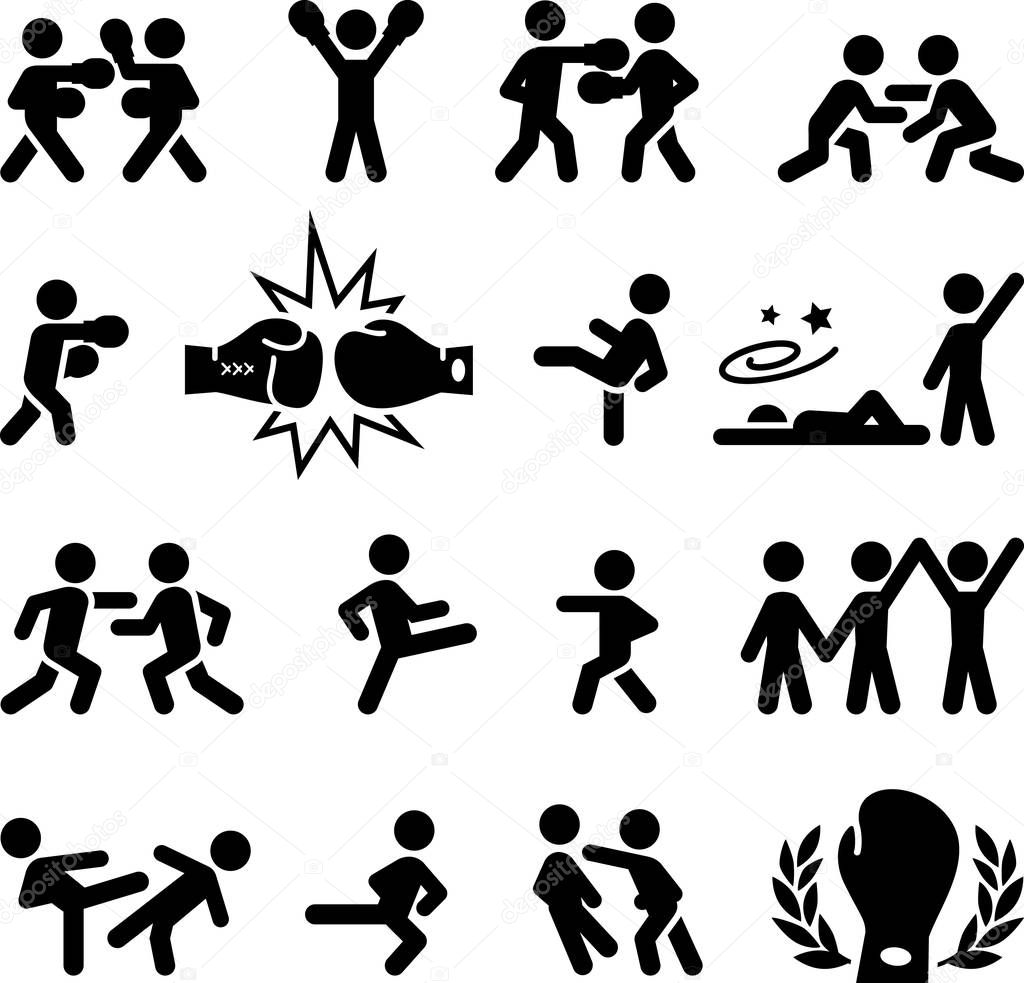 Fighting, wrestling, martial arts and boxing vector icons