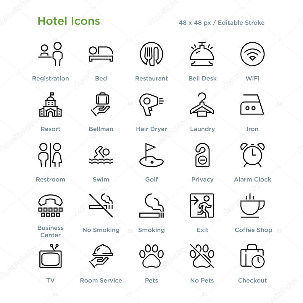Hotel Icons - Outline, vector illustration