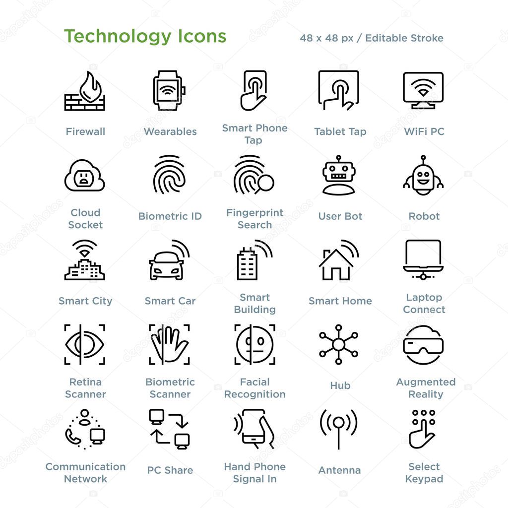 Technology Icons - Outline, vector illustration