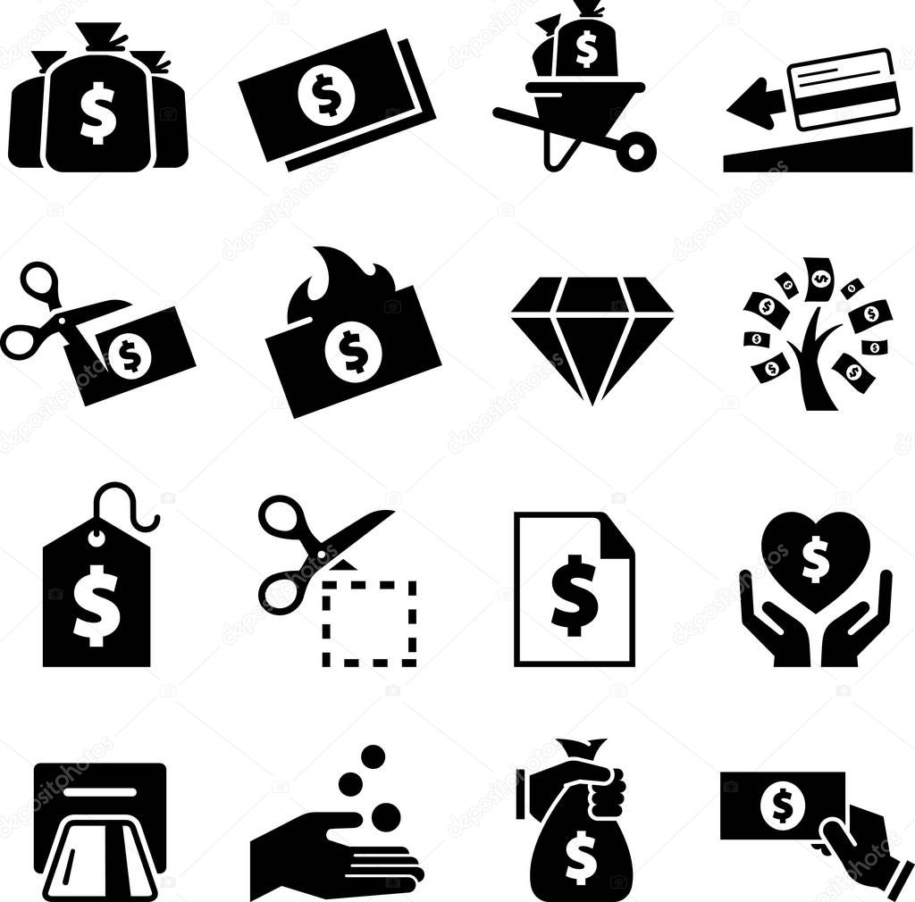 Money, cash, credit and debt vector icons