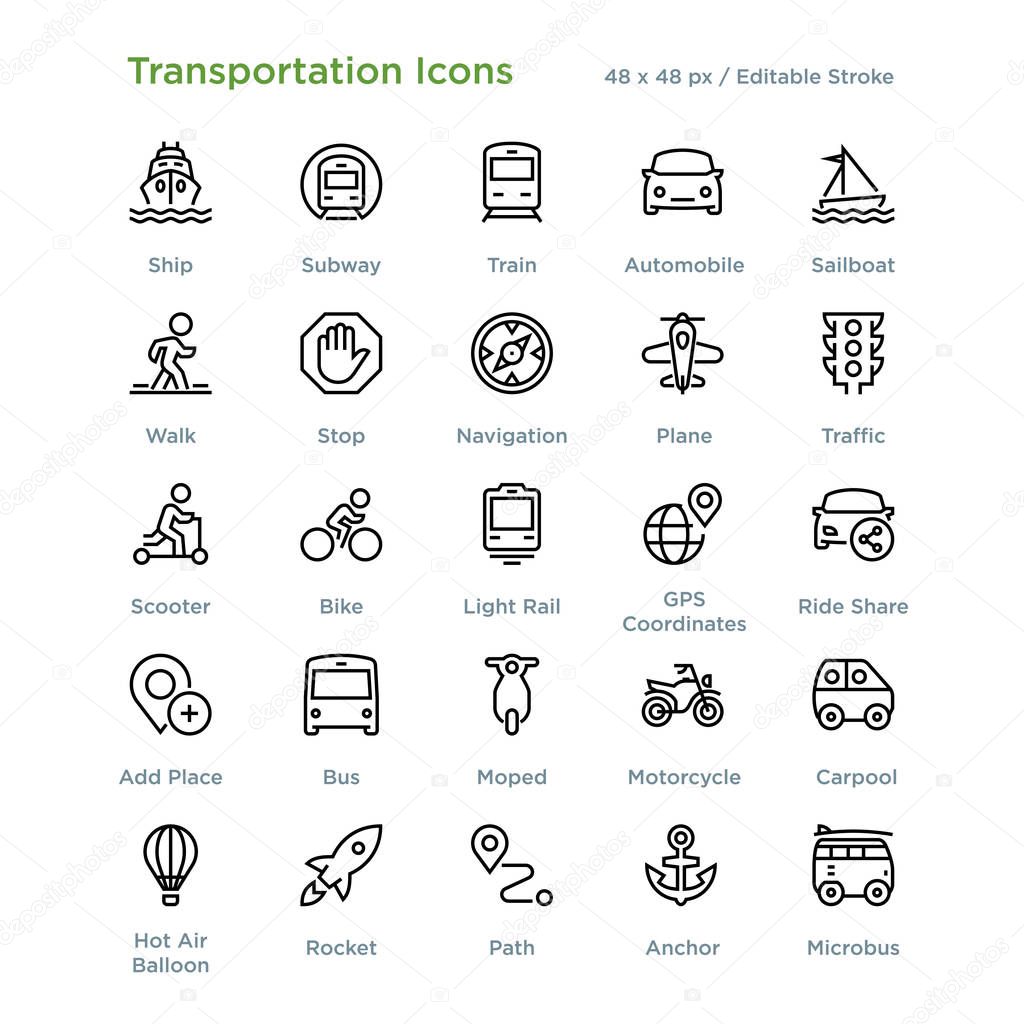 Transportation Icons - Outline, vector illustration