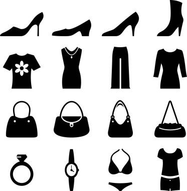 Kadın ayakkabı, çanta, giyim ve aksesuar Icon set vektör