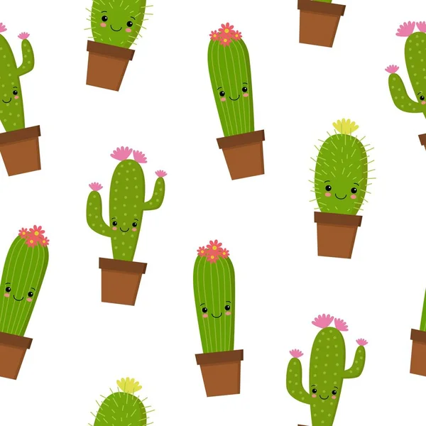 Seamless pattern with cute kawaii cactus and succulents with funny faces in pots. White background. Vector illustration — Stock Vector