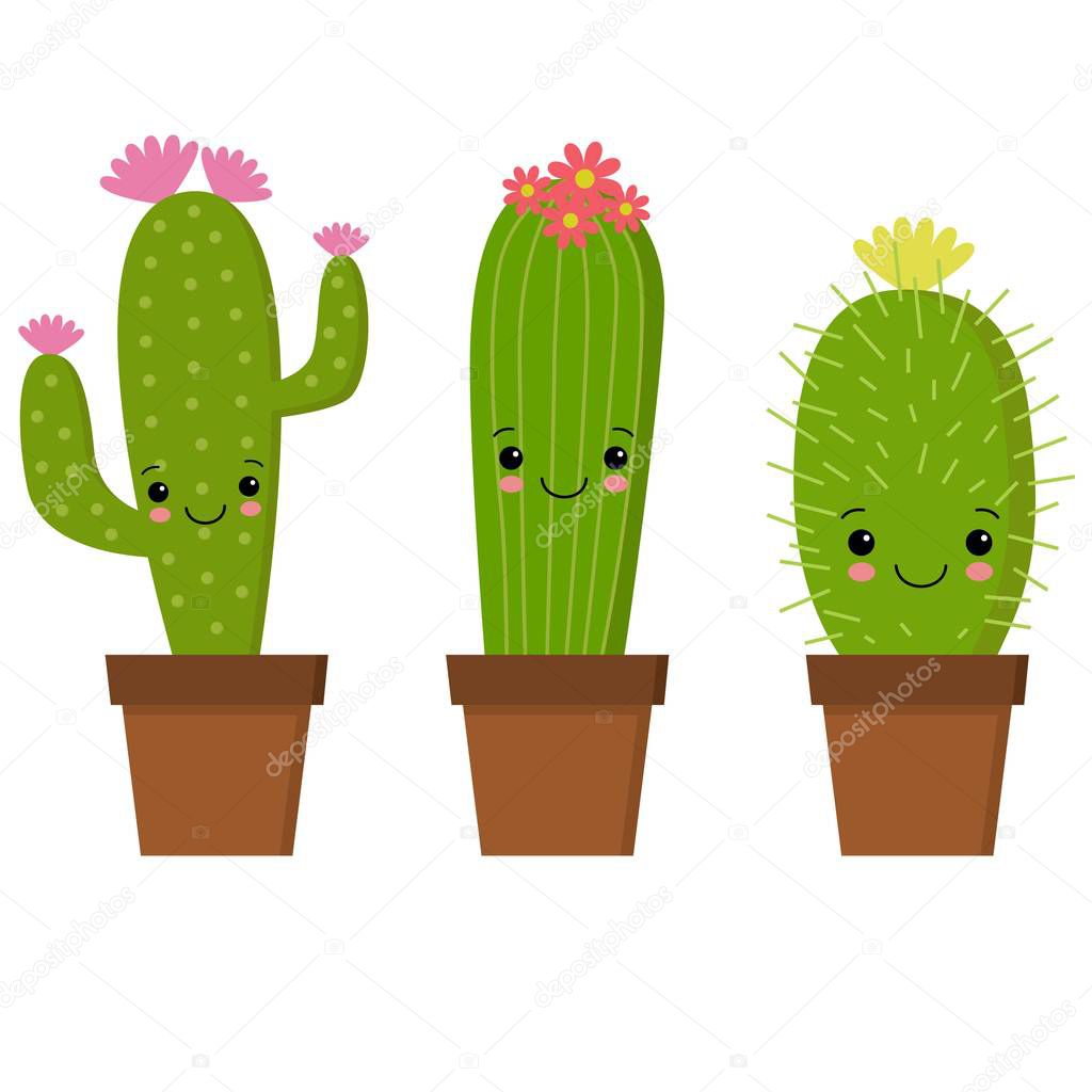 illustration of cute cartoon cactus with funny face in pot.