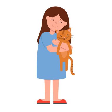 Kız tutarak ve şiddetle sarılma kedi mavi elbiseli gülüyor. Mutlu bir çocukluk ve evde beslenen hayvan izole vektör çizimi.