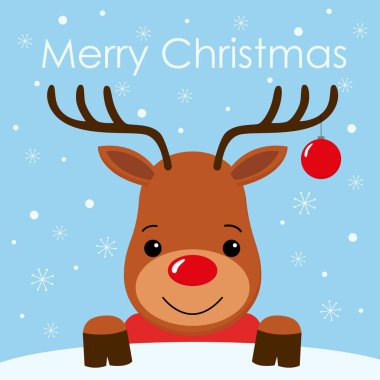 Sevimli çizgi geyik boynuzu mutlu Noeller arka plan kart düz tasarımı ile vektör çizim yüz