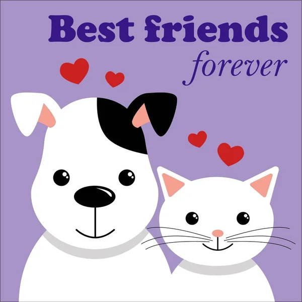 Cute Cat Dog Best Friends Vector Cartoon Illustration — Stock Vector