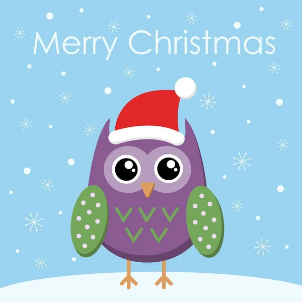 メリー クリスマス挨拶カード フラットでフクロウ サンタ帽子 ベクトル図 — ストックベクタ