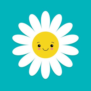 Beyaz papatya papatya yüz kafa ile. Sevimli çiçek bitki koleksiyonu. Aşk kartı. Papatya simgesi. Sevimli çizgi karakter gülümseyerek. Büyüyen kavramı. Düz tasarım. Mavi arka plan. Vektör çizim.