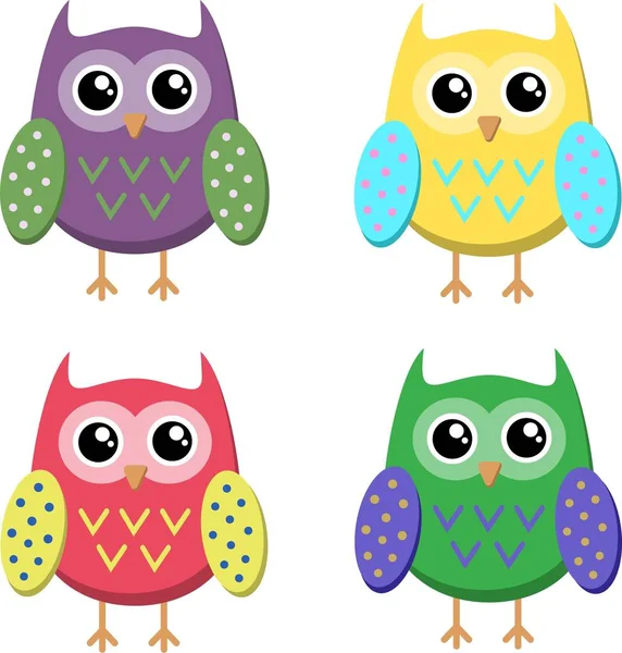 Cute Cartoon Owls Icons Bright Owls Vector Illustration — Stock Vector