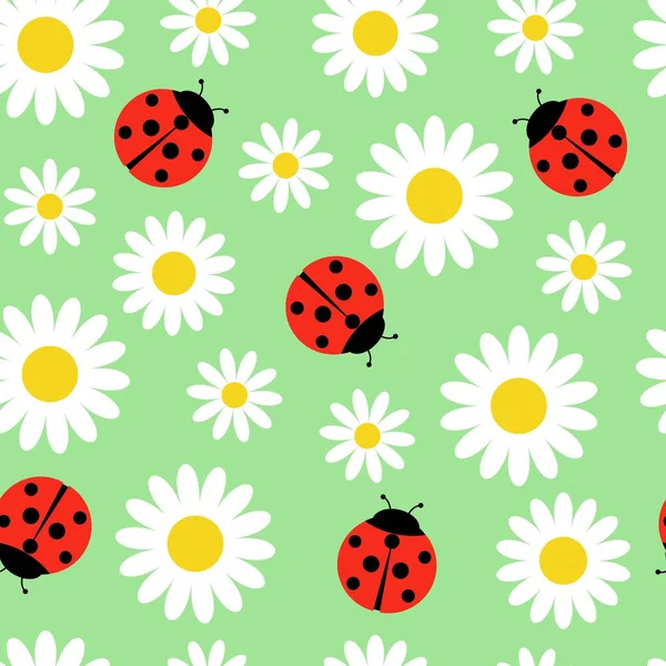 Daisies Ladybugs Seamless Pattern Vector Illustration Green Background — Stock Vector