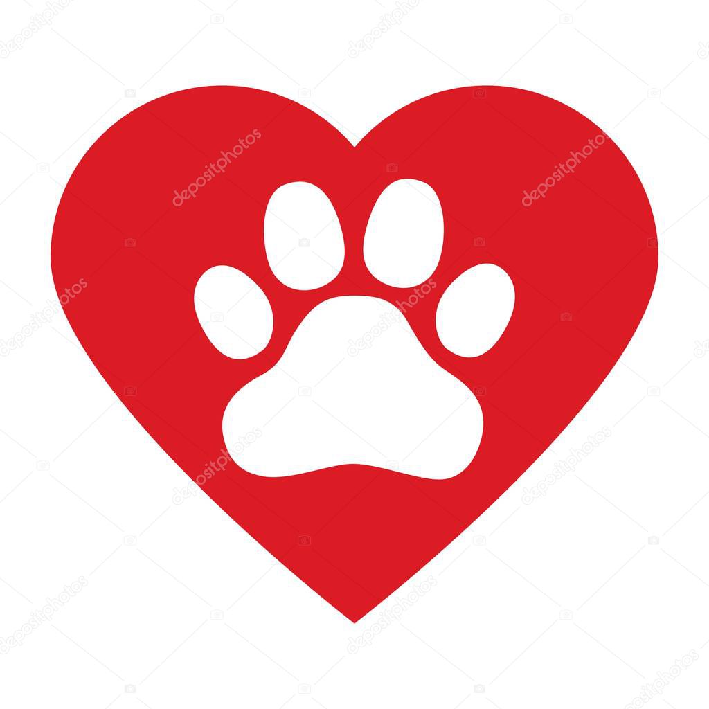 Dog paw in red heart on white background vector