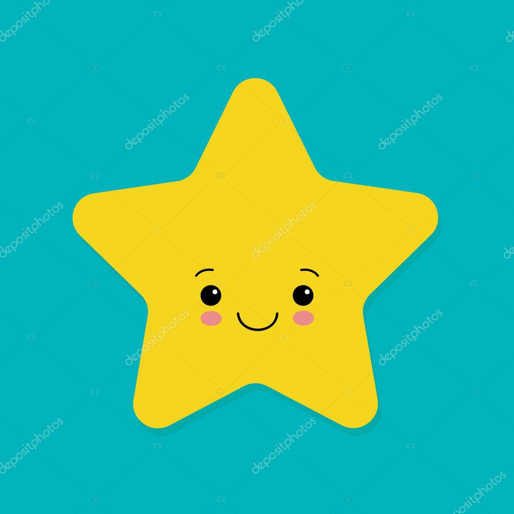 Cute yellow smiling vector little star on blue background.