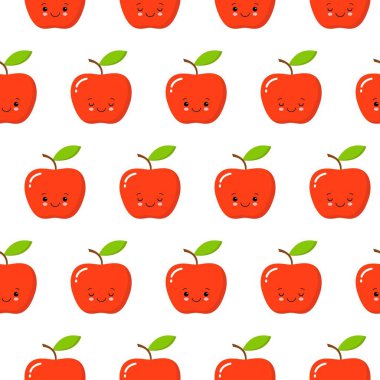 sevimli düz tasarım karikatür elma kawaii seamless modeli karakter kırmızı beyaz arka plan düz