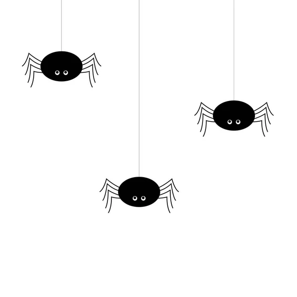 Simple Vector Black Spiders Hanging Thread Cartoon Style — Stock Vector