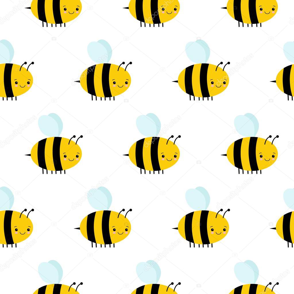 Seamless Pattern with Flying Cute Bees on a White Background