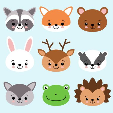 Sevimli çizgi anomals tilki, rakun, ayı, bunny, geyik, porsuk kurt kurbağa kirpi kawaii