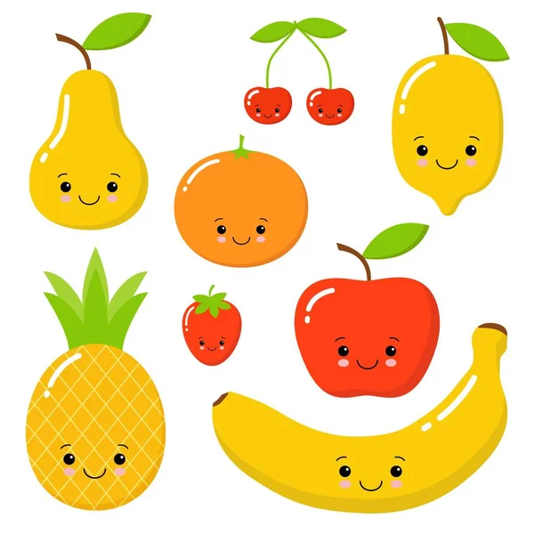 Carino colori vivaci di frutta collezioni vettoriali. I frutti sono mela, limone, banana, arancia, ananas, mandarino, ciliegie, fragola e pera. kawaii — Vettoriale Stock