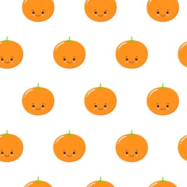 Sevimli Portakal Meyve ile Dikişsiz Desen. Stilize Narenciye ve Yeşil Yaprakları ile Taze Arka Plan. Kawaii