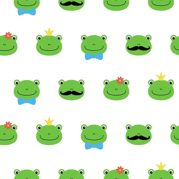 Leuke groene kikker met een kroon, boog, bloem, snor cartoon karakter kawaii patroon — Stockvector