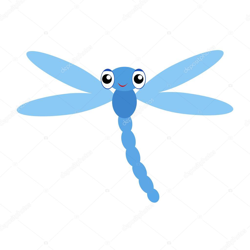 Cute cartoon dragonfly is flying. Vector picture for children. Transparent blue wings.A beautiful insect.