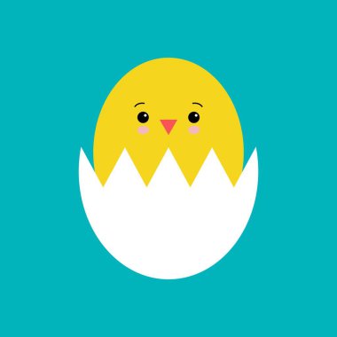 Kırık yumurta kabuğu komik sarı yenidoğan tavuk. Sevimli çizgi Easter illüstrasyon