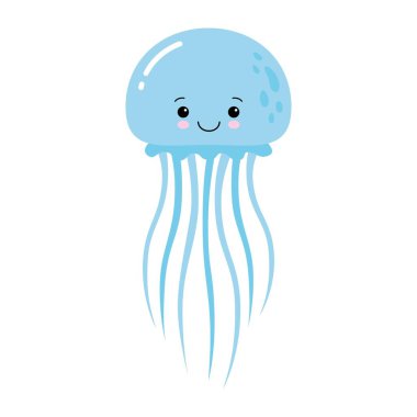 Vector illustration of cartoon funny jellyfish isolated on white background. Cute animal, sea animal character used for magazine, book, poster, card, children invitation, web pages.
