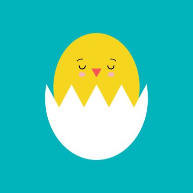 Komik sarı yenidoğan tavuk kırık yumurta kabuğu'nda yatıyor. Sevimli çizgi Easter illüstrasyon