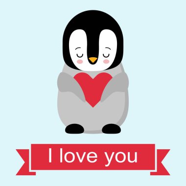 Mutlu sevgililer günü aşk Penguin. Bir kalp tutan penguen. Kalpli peluş oyuncaklar penguen. Hediye. Kartpostal Sevgililer s gün, vektör çizim karikatür tarzı için. Güzel ve şirin.