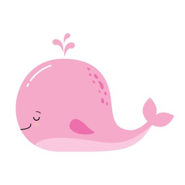 Sevimli çizgi balina. Sevimli küçük pembe balina vektör resim koleksiyonu. Kawaii hayvan