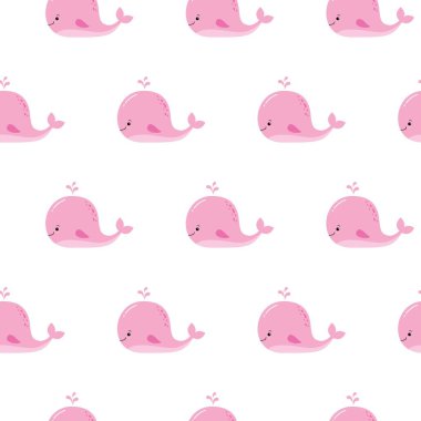Sevimli çizgi film pembe balinalar ile arka plan. Bebek duş tasarım. Duvar kağıtları, desen dolgularını, web sayfası arka planlar, yüzey dokuları için seamless modeli-ebilmek var olmak kullanılmış.