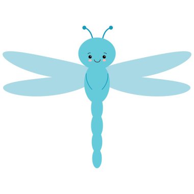 Şirin çizgi film yusufçuğu uçuyor. Çocuklar için vektör resmi. Şeffaf mavi kanatlar. Çocuklar için güzel bir böcek..