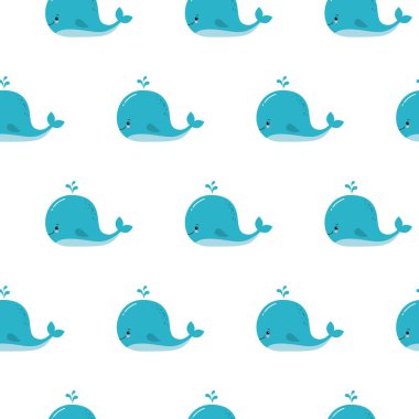Sevimli çizgi film mavi balinalar ile arka plan. Bebek duş tasarım. Duvar kağıtları, desen dolgularını, web sayfası arka planlar, yüzey dokuları için seamless modeli-ebilmek var olmak kullanılmış.