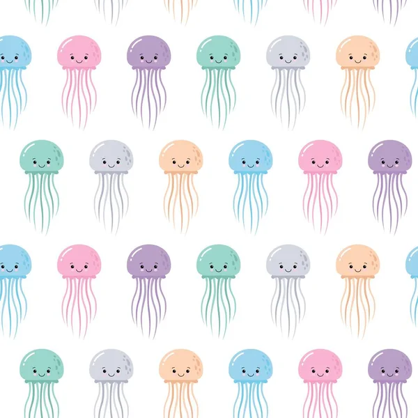 Şirin Kesintisiz Deniz Desen Jellyfishes Gülümseyen Karikatür Ile Vektör Çizim — Stok Vektör