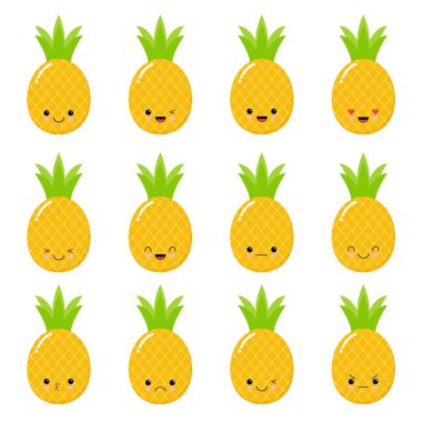 ananas. İfade vektör çizim. İfade küme. Beyaz bir arka plan yüzündeki ifade. İfade simgesi. Farklı duygular koleksiyonu.