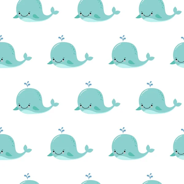 Cute Background Cartoon Blue Whales Baby Shower Design Seamless Pattern — Stock Vector