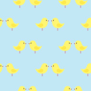 Vektör sevimli sarı Paskalya tavuk üzerinde mavi bir arka plan ile seamless modeli. Karikatür tarzı