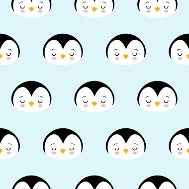 Sevimli çizgi penguen tasarım mavi zemin üzerine Dikişsiz desen